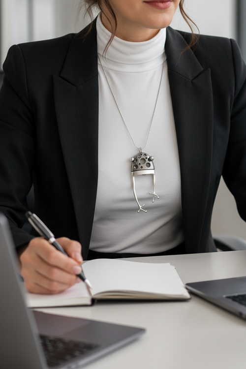 Frau trägt abstrakten Frosch-Glücksbringer Anhänger an silberner Schlangenkette mit schwarzem Blazer – einzigartiger Blickfang als Statement-Schmuck für Alltag und Büro, handgemacht